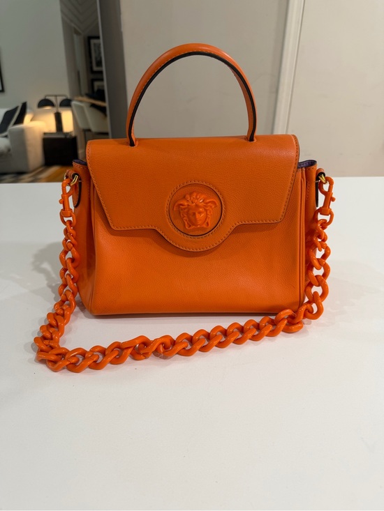 Versace Handbags - Versace Orange Leather Satchel with Chunky Chain Strap